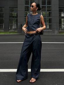 DAZY 2 piezas Conjunto casual de mujer con top sin mangas y pantalones anchos de mezclilla para uso al aire libre - Azul - Ver 5