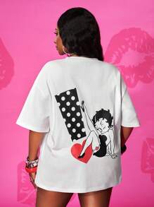 Slaydiva Betty Boop x SHEIN 大码秋冬新品，女装秋冬，万圣节，日常休闲及街头风，白色宽松圆领短袖卡通人物图案波点爱心印花常规T恤 - 白色 - 查看 5