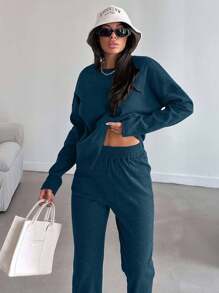 EURMUSE 2 pièces Ensemble top à manches longues lâches et pantalon de couleur unie décontracté pour femmes, printemps/automne - Vert sapin - Voir 4