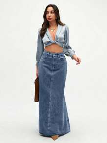 SHEIN Tall Women's High Waist Pockets Frayed Hem Extra Long Casual Denim Midi Skirt - Teal Blue - View 4