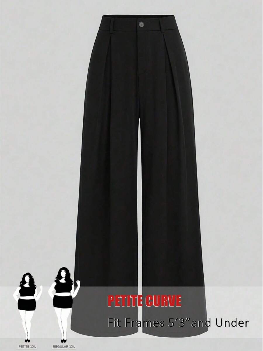 SHEIN PETITE 大码百搭百褶办公裤 - 黑色 - 查看 1