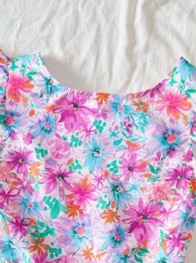 SHEIN 女童花卉印花度假蝴蝶结后背盖袖高腰连衣裙 - 玫紅色 - 查看 5