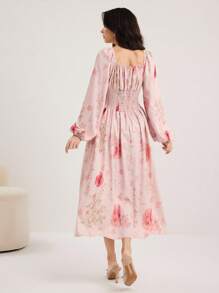Modelyn 女士花卉印花蝙蝠袖方领长裙 - 粉色 - 查看 2