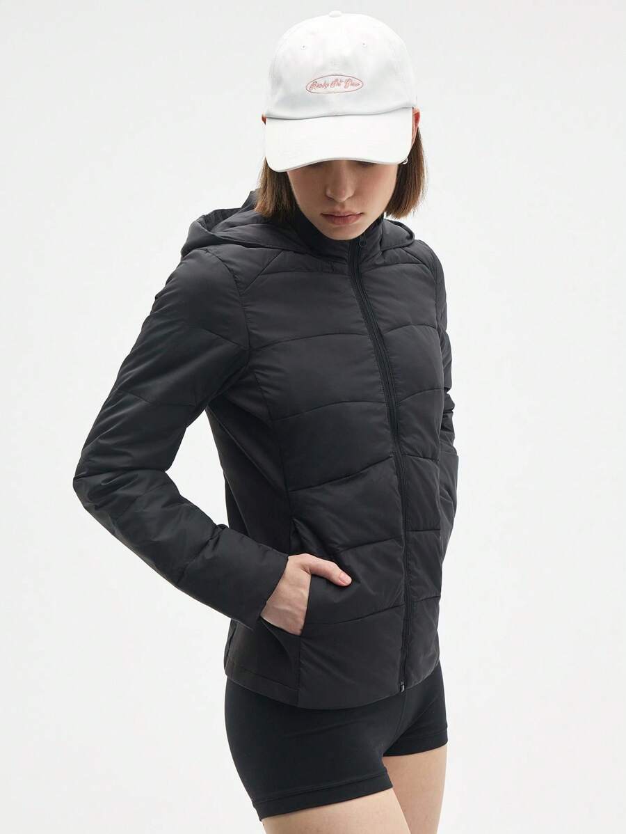 Gameset SHEIN Sport 女款黑色長袖前拉鍊連帽運動加厚外套,棉質健身夾克,適合秋季運動休閒穿搭 - 黑色 - 查看 1
