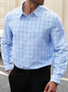 Manfinity Mode Men Plus Size Plaid Long Sleeve Single-Breasted Casual Commuter Shirt, Fall