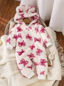 SHEIN 女婴粉色毛绒蝴蝶结长袖连体衣，秋冬款 - 彩色 - 查看 7