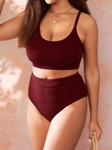 Swim Vcay Plus Size Summer Vacation Beach Solid Ribbed Camisole Bikini Set