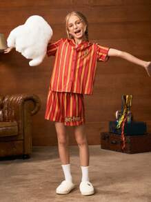 HARRY POTTER X SHEIN 青少年女孩复古校园风格勃艮第格兰芬多条纹印花衬衫和短裤两件套家居服睡衣套装，适合夏季 - 酒紅色 - 查看 8