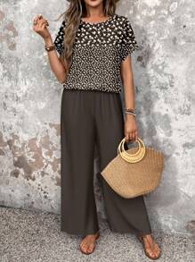 EMERY ROSE Comfortable Women's Woven Fabric Co-Ord Set With Casual Floral Print Short Sleeve Round Neck Top And Long Wide-Leg Trousers. This Stylish Two-Piece Outfit Is Ideal For Relaxed Daily Elegance. Women Vacation Outfit Sets Summer Work Outfits For Women - Multicolor - View 5