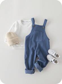 SHEIN Young Boys' Blue Patch Pocket Jumpsuit Pants With Adjustable Straps For Casual Wear