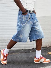 ROMWE MEN Street Life Shorts in jeans casual e ampi con stampa a pentagono sulla tasca, da uomo - Blu - Visualizzare 7