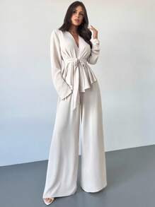 Firerie Bộ đồ nữ thanh lịch, rộng rãi, màu mơ, gồm áo dài tay và quần, gồm 2 món. - trắng - Xem 4