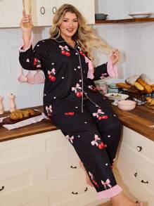 SweetSlumber Große Größen süßer Schmetterling & KirscMusterck Spitze Patchwork Kragen Nachtwäsche Set, Herbstkleidung