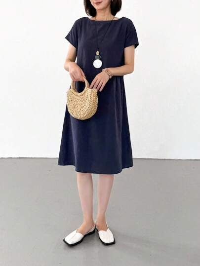 EMERY ROSE Kadınlar İçin Yazlık Rahat Yuvarlak Yaka Elbise,Kadınlar İçin Yazlık Elbiseler