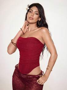 Glamance Top tubo burdeos para mujer adecuado para verano, top tubo rojo, body top tubo, top tubo rojo oscuro, top tubo fruncido rojo, top rojo oscuro, top corsé rojo, top lindo estilo Y2K años 2000, atuendos para club y vuelta al colegio, top sexy hombros descubiertos para mujer - Burdeos - Ver 1