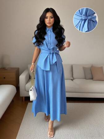 Rafferiza Fashionable Daily Casual Versatile Loose Short Sleeved Chest Strap And A-List Half Skirt Blue Spring Summer Young Women's Two-Piece Set 2 Peice Summer Outfits Women