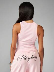 Missguided x Playboy Bunny Of The Year Slogan Tank Top Summer Sleeveless Crop Fitted Crew Neck High Neck Casual Basic Everyday Fitness Fashion - Pink - View 2
