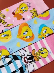 LOONEY TUNES X SHEIN 3 双柔软透气吸湿排汗休闲女士中筒袜，带有 Tweety & Sylvester 和时尚可爱的粉色和蓝色中筒袜，加固脚趾和脚跟，经久耐用，适合所有季节穿着 - 彩色 - 查看 3