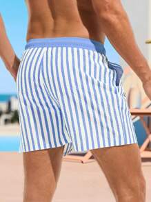 Surfspeed 男士短款条纹游泳休闲短裤，带松紧腰带，男士泳裤，蓝白条纹泳裤，男士泳裤 - 藍色 - 查看 2