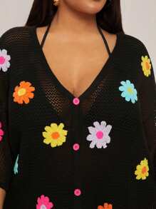SHEIN SXY Plus Size Women's Sexy Daily Basic Casual Vacation 2pcs/Set With 3D Colorful Flower Crochet V-Neck Short Sleeve Sheer Cardigan Top And Matching Shorts Plus Size Two Piece Summer Two Piece Set Plus Plus Size Crochet Two Piece Set Plus Size Floral Two Piece Set - Black - View 9