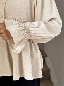 Easowa 女士亚麻休闲宽松衬衫，纽扣半襟，荷叶边下摆，复古风格冬季老式风格办公室外出上衣，休闲秋季商务休闲老式风格女士机场商务休闲灯笼袖端庄娃娃衫 - 杏色 - 查看 5