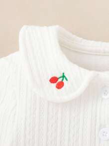 Souflis Souflis Simple Style Baby Girls Knit Fabric Bodysuit With Peter Pan Collar, Cherry Embroidery & Long Sleeve, Bodysuit - White - View 6