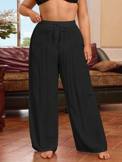 Swim Chiccia Plus Size Women Vacation Leisure Solid Color Minimalist Knot Caftan And Pants Women Casual Pants For Summer