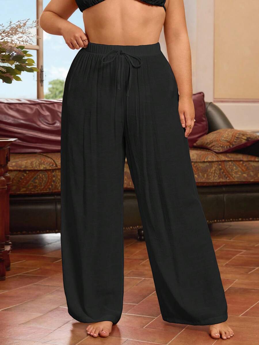 Swim Chiccia Plus Size Women Vacation Leisure Solid Color Minimalist Knot Caftan And Pants Women Casual Pants For Summer - Black - View 1