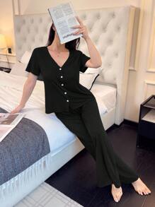 SHEIN 休闲女士纯黑色睡衣，采用柔软针织面料，正面纽扣细节，女士休闲套装 - 黑色 - 查看 4