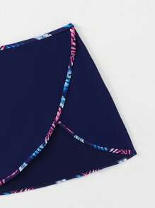 SHEIN 少女夏季海滩度假拼布热带印花连体泳衣（带罩衫和裙子） - 藏蓝色 - 查看 5