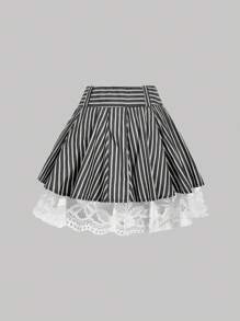 SHEIN MOD 女式撞色蕾丝条纹褶皱迷你裙 - 深灰色 - 查看 2