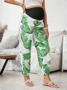 SHEIN Maternity High Waist Tropical Leaf Print Adjustable Waist Wide Leg Pants - Multicolor - View 5