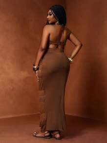 Veslaya 2025 New Vacation Music Festival Party Halter Sexy Sheer Hollow-Out Tassel Bodycon Dress, Plus Size - Brown - View 2