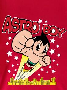 Astro Boy X SHEIN 女士宽松舒适休闲卡通星星字母图案圆领短袖红色T恤，夏季