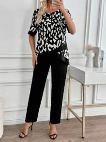 EMERY ROSE 2pcs Summer Women Allover Allover Print Short Sleeve Top And Solid Color Pants Set Fall Women Clothes Fall Clothes For Women Fall Outfits Women Autumn Clothes Fall Outfits Autumn Winter Clothes For Women Winter Business Casual Woman Usiness Casual Outfits Women Usiness Casual Outfits Women Country Country Outfits Women Old Money Basic Teacher Outfits For Women Oing Out Tops Women Back To School - Brown - View 8