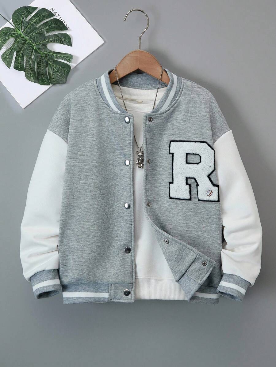 青少年女孩拼色纽扣时尚长袖夹克 - 灰色 - 查看 1