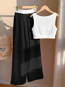 Comfortcana 女士休闲长裤和针织面料罗纹圆领吊带背心套装 Y2k 上衣女士休闲黑白套装女士罗纹背心和裤子套装 - 黑與白 - 查看 2