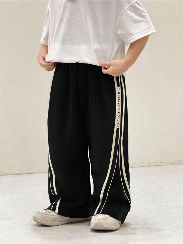 Young Boy Casual Sports Style Letter Print Elastic Waist Loose Fit Contrast Striped Side Sweatpants