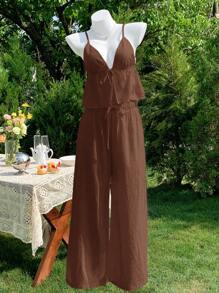 Comfortcana 2件套女士夏季棕色棉麻吊带背心和裤子套装 - 棕色 - 查看 3