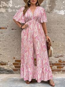 Breezaya Mono corto con cuello en V, volantes y manga corta con estampado floral, para mujer de tallas grandes, estilo elegante y bohemio - Rosa - Ver 6