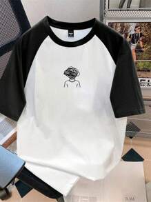 Manfinity Joysei Contrast Color Block Cute Cartoon Graphic Short Sleeve Raglan Sleeve T-Shirt For Men, Boyfriend Gift, For Going Out - Black and White - View 1