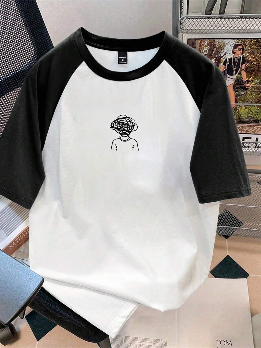 Manfinity Joysei Contrast Color Block Cute Cartoon Graphic Short Sleeve Raglan Sleeve T-Shirt For Men, Boyfriend Gift, For Going Out - Black and White - View 1