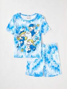 2pcs Tween GirlsCute Tie-Dye Pixie Print Casual Minimalist Short Sleeve Shorts Snug Fit Pajamas Set, Homewear - Blue - View 3