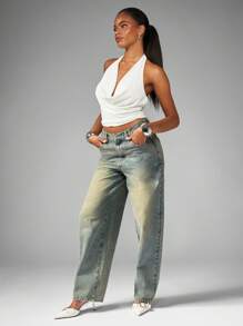 MISSGUIDED 围脖领口露背上衣短款露背背心夏季晚会俱乐部装无袖衬衫系带休闲时尚 - 杏色 - 查看 4