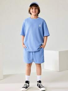 JNSQ Back To School Casual Street Style Printed Boys Outfit Sets, Loose Fit Sweatshirt & Shorts, Japanese Style, Summer Leisure, Urban Youth Design - Baby Blue - View 5