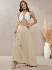 L'Amorae 女士纯色高腰褶皱长裙，休闲装，暑假装，休闲装，返校装 - 杏色 - 查看 3