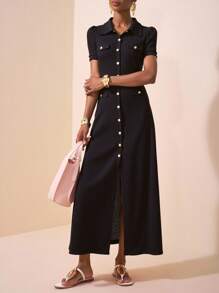 Zivah 2025新款春夏休闲优雅日常约会聚会通勤POLO领短袖泡泡袖装饰金属扣鱼尾裙开臀裙黑色纹理针织面料长裙女士长裙黑色连衣裙纽扣连衣裙Polo裙女士连衣裙翻领连衣裙纽扣衬衫裙中长裙休闲连衣裙 - 黑色 - 查看 3