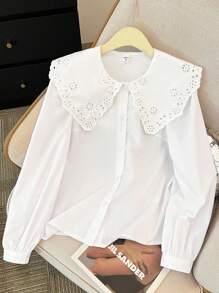 SHEIN 少女女孩白色梭织纯色拼接刺绣大翻领泡泡袖长袖学院风优雅复古休闲衬衫 返校季情人节童装春夏秋冬装小清新女童 - 白色 - 查看 1