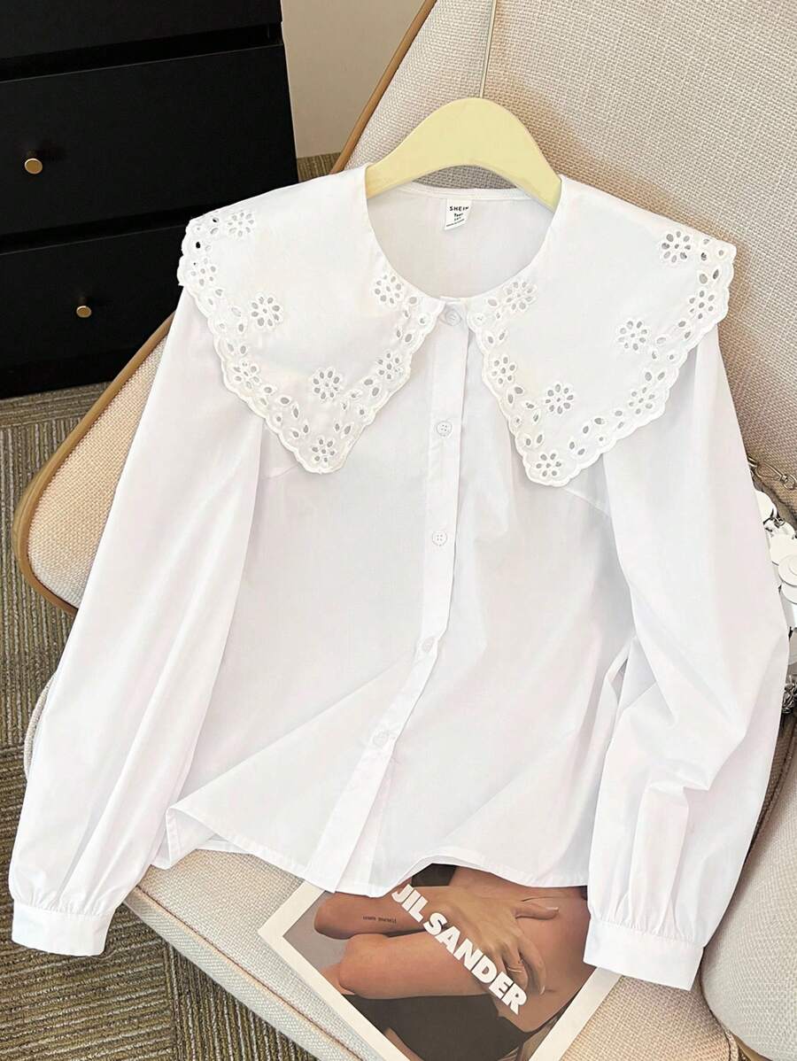 SHEIN 少女女孩白色梭织纯色拼接刺绣大翻领泡泡袖长袖学院风优雅复古休闲衬衫 返校季情人节童装春夏秋冬装小清新女童 - 白色 - 查看 1