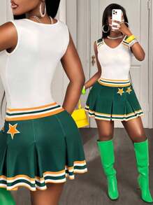 BamGleam Women's Sleeveless V-Neck Striped Star Print Pleated Hem Dress